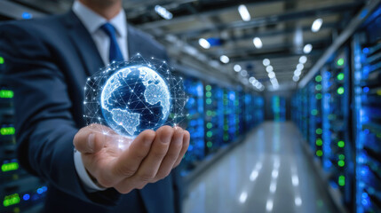 Digital network globe held in hand inside data center showing global connectivity and innovation