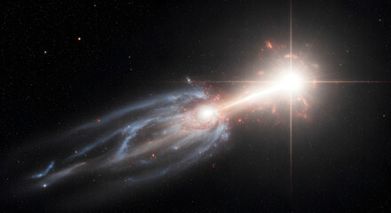 A celestial scene showcasing a luminous, brilliant source emanating light and energy alongside a swirling galaxy, amidst a dark cosmic backdrop