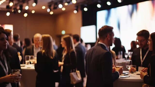 Corporate event attendees actively networking, building professional relationships, and sharing insights at a modern conference. Ideal for business, career growth, and industry collaboration concepts.