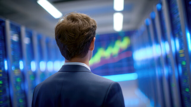 Businessman in suit viewing colorful data graph on server room monitor, focused and contemplative - Powered by Adobe