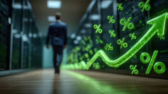 Businessman percentage growth arrow data center progress optimistic walking through server aisle showing financial increase - Powered by Adobe