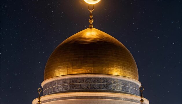 golden crescent moon glowing above mosque dome with slow camera movement and peaceful night atmosphere perfect for islamic celebrations