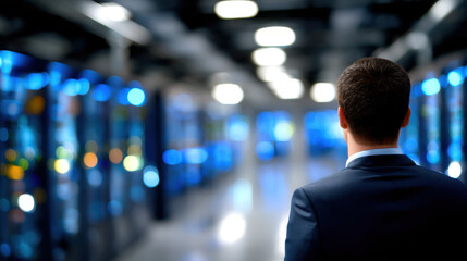 Businessman data center server room technology network rack IT professional blue lighting