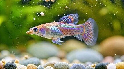 A vibrant male guppy fish with iridescent scales and a flowing tail fin gracefully swims in a freshwater aquarium actively feeding on small floating food particles amidst lush green aquatic plants an.