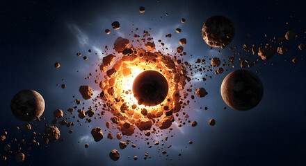 A cosmic explosion of a celestial body surrounded by rocks and a galaxy filled with stellar dust