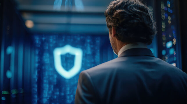 Businessman in server room monitoring digital shield security display, tense cybersecurity atmosphere - Powered by Adobe