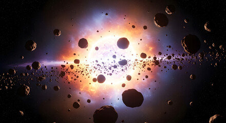 A cosmic scene depicting a fiery celestial body surrounded by a scattered collection of celestial rocks and a dust-filled galaxy