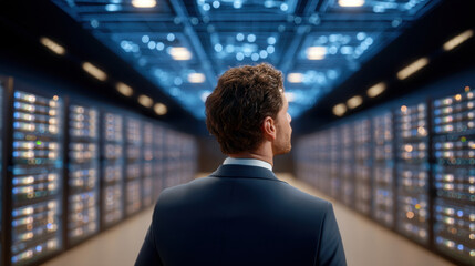 Businessman server room data center corridor technology networking confident