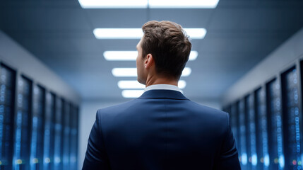 Businessman in suit walking down data center aisle with server racks and cool lighting, confident atmosphere
