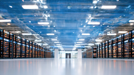 Modern data center interior with server rack rows and reflective floor, cool lighting and futuristic atmosphere