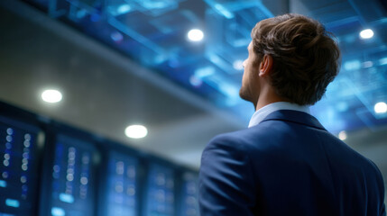 Young businessman in suit standing in data center under blue lighting, confident professional looking toward server racks