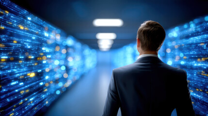 Businessman data center corridor futuristic technology networking blue lights confident