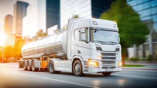 Tanker Truck on Road: A sleek, white tanker truck navigates a city road, carrying its cargo. The sun's rays gleam off its metallic surface. The image exudes a sense of movement and industry
