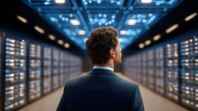 Businessman server room data center corridor technology networking confident - Powered by Adobe