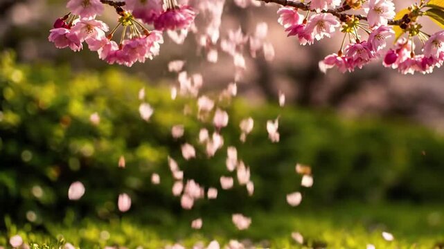 Blossom Lined Natural Pathway cherry blossom spring A wide, low angle shot looking up a winding, empty natural pathway or dirt road