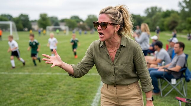 Intense angry soccer mom shouting aggressively and gesturing on the sidelines of a suburban youth football field, showcasing competitive parenting and sports behavior, Generative AI.
