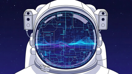 futuristic astronaut technology concept exploring digital data visualization within a helmet visor in deep space ideal for ai virtual reality and innovation themes.