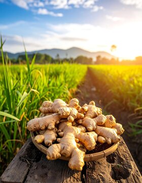 Close-up of harvested rhizomes in a woven basket atop wood, set in a field with green plants and a sunset backdrop
