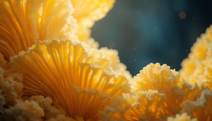 coral reef in aquarium, Digitally enhanced macro photo of mushroom gills in warm yellow tones. Abstract organic pattern with smooth texture and radiant light, perfect for modern design. Aesthetic phot