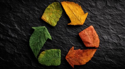 Green, yellow, and red leaves arranged as a recycling icon on dark stone highlight sustainability and circular economy themes, perfect for eco campaigns and environmental branding.