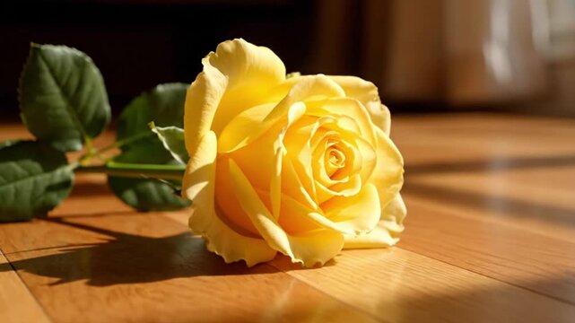 A radiant yellow rose lies gracefully on a polished wooden surface, bathed in warm, natural sunlight filtering gently into the room. The delicate, unfurling petals showcase a soft gradient of yellow h