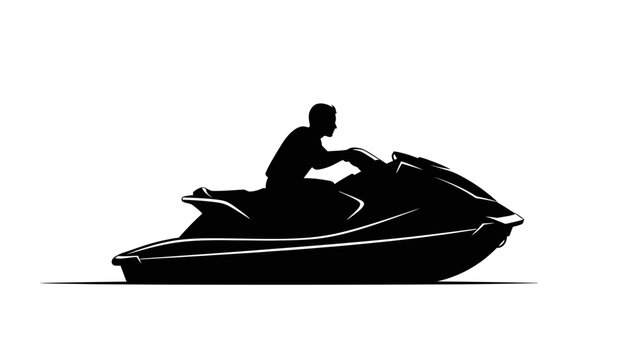 Silhouette of a person riding a jet ski on a white background