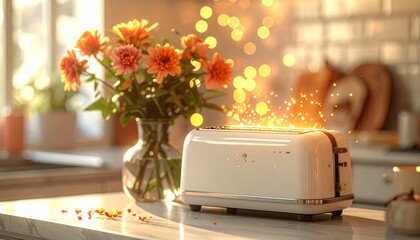 Vintage Toaster with Magical Toast and Floral Arrangement.