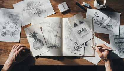 Artist's Sketchbook: Creative Process, Hand Drawing Illustrations on Wooden Table
