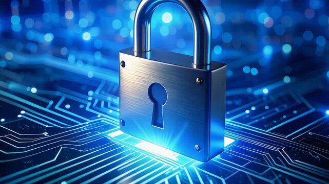 デジタル回路上に浮かぶ鍵が情報保護を象徴する近未来表現