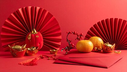 Festive Chinese New Year Still Life with Red Decor.
