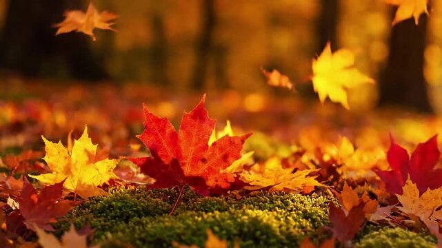 Maple Leaf Carpet maple leaves autumn Tracking shot over a dense layer of fallen maple leaves on the forest floor A serene, wide shot of a vibrant autumn forest dominated