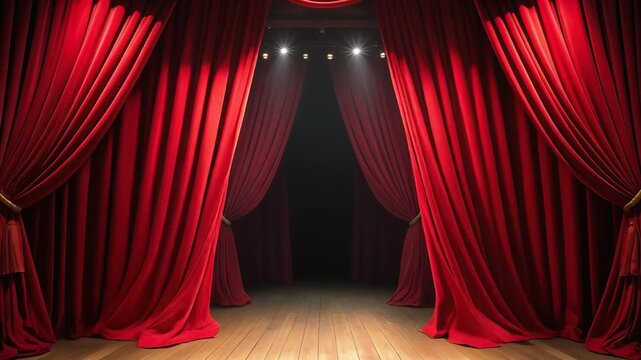 赤い緞帳が閉じられた舞台が開演前の緊張感を漂わせる劇場風景
