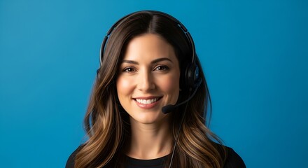 Pleasant female professional wearing a headset smiles directly at the viewer against a solid blue background