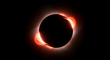 A stark, dramatic depiction of a solar event featuring a central dark orb ringed by radiant, fiery flares against a deep black void