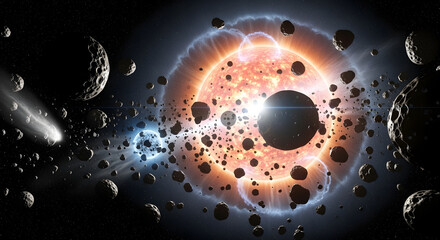 A stunning cosmic scene depicts a fiery sun surrounded by a multitude of asteroids and a bright comet's trail across a dark expanse