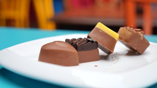 Enjoying assorted chocolates on a white plate