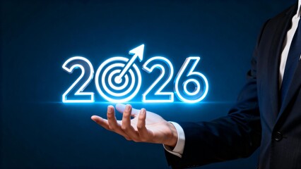 Businessman holding glowing 2026 target
