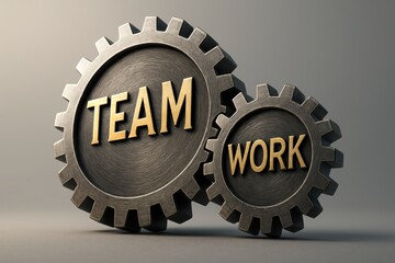 Synergy Gears: Intricate metal gears interlock, displaying the words TEAM and WORK, symbolizing collaborative endeavors and the mechanics of combined effort.