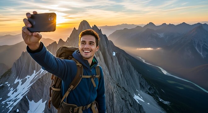 Joyful male hiker captures a triumphant summit selfie against a dramatic mountain sunset backdrop - Powered by Adobe