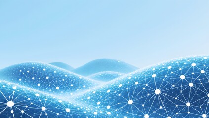 Abstract network structure connecting over rippling blue hills, data connection concept
