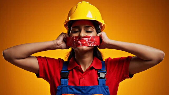 Woman in construction gear with tape over her mouth on orange background