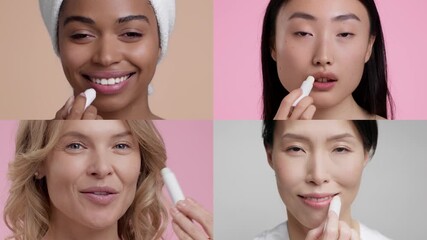 Four women engage in a pampering session, applying lip balm focused on beauty and self-care. Each woman showcases her unique routine against colorful backgrounds.