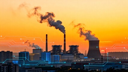 Industrial factory with smoke at sunset