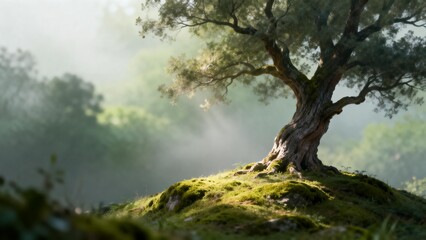 Obraz premium Misty tree on mossy hill