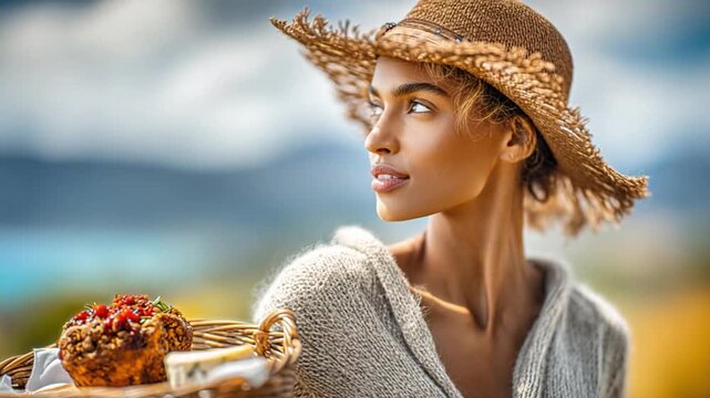 A Moment of Serenity: A woman in a straw hat gazes dreamily into the distance, as she delicately holds a basket with a rustic bread. The composition celebrates simple pleasures.