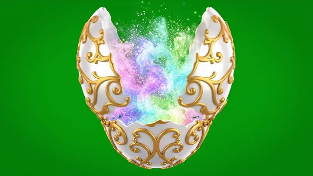 Cracked white easter egg with gold swirling patterns on green background
