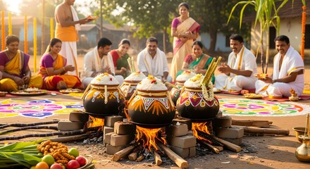 Obraz premium Traditional Indian Pongal Festival Cooking Ritual with Family and Community Gathering