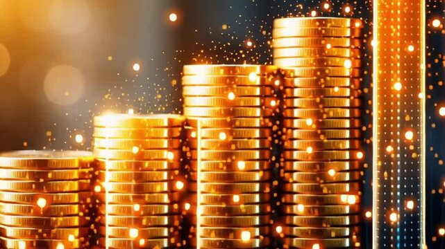 Gold coin money finance wealth growth investment business cooperation currency exchange concept with shining coin stack rising bar chart profit success saving financial investment money stack coin