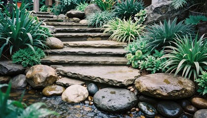 Broad stone steps elegantly traverse a shallow stream or pond, surrounded by lush green foliage and large, smooth river stones, creating a picturesque and serene natural garden feature.