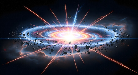 A vibrant cosmic display featuring an exploding star, radiating energy, swirling dust, and celestial objects. It evokes powerful, galactic events